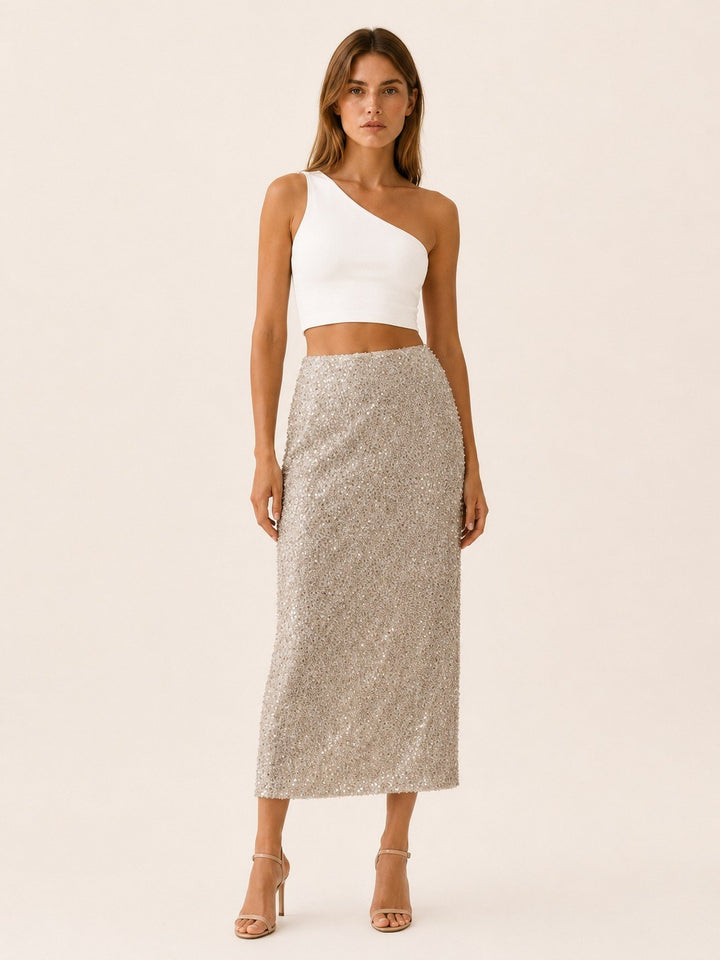Corina — Gerader Midi Bleistiftrock für Damen mit Pailletten und Schlitz, Das Modehaus Luzern