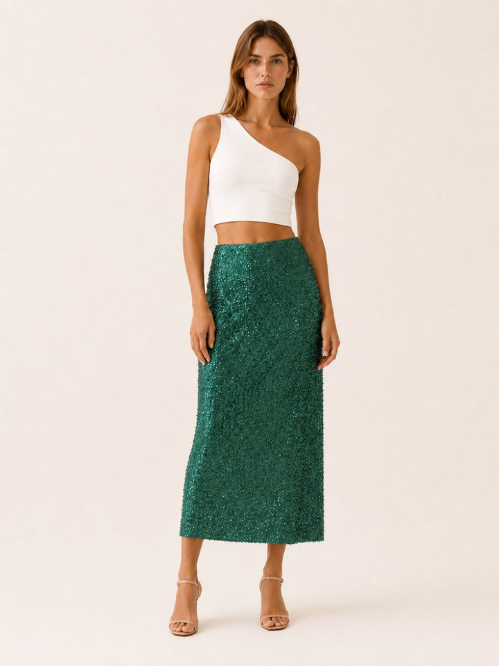 Corina — Gerader Midi Bleistiftrock für Damen mit Pailletten und Schlitz, Das Modehaus Luzern