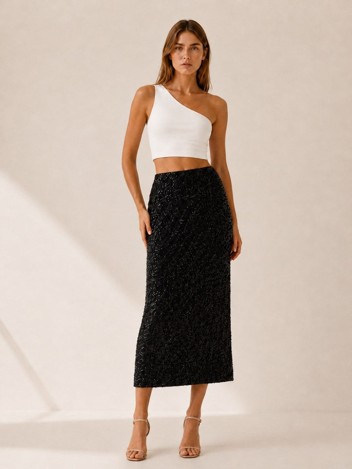 Corina — Gerader Midi Bleistiftrock für Damen mit Pailletten und Schlitz, Das Modehaus Luzern