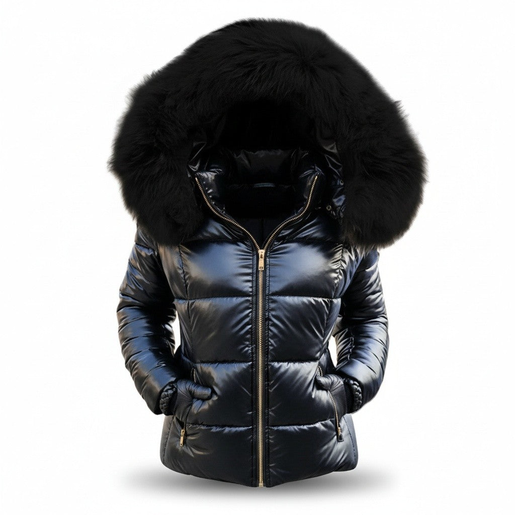 Helen — Glänzende Daunenjacke für Damen mit voluminöser Kapuze, Das Modehaus Luzern