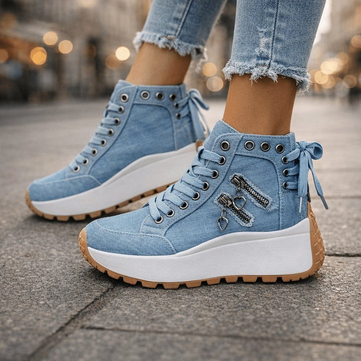 Ines — Bequeme High Top Sneakers für Damen mit Plateau in Jeansoptik, Das Modehaus Luzern