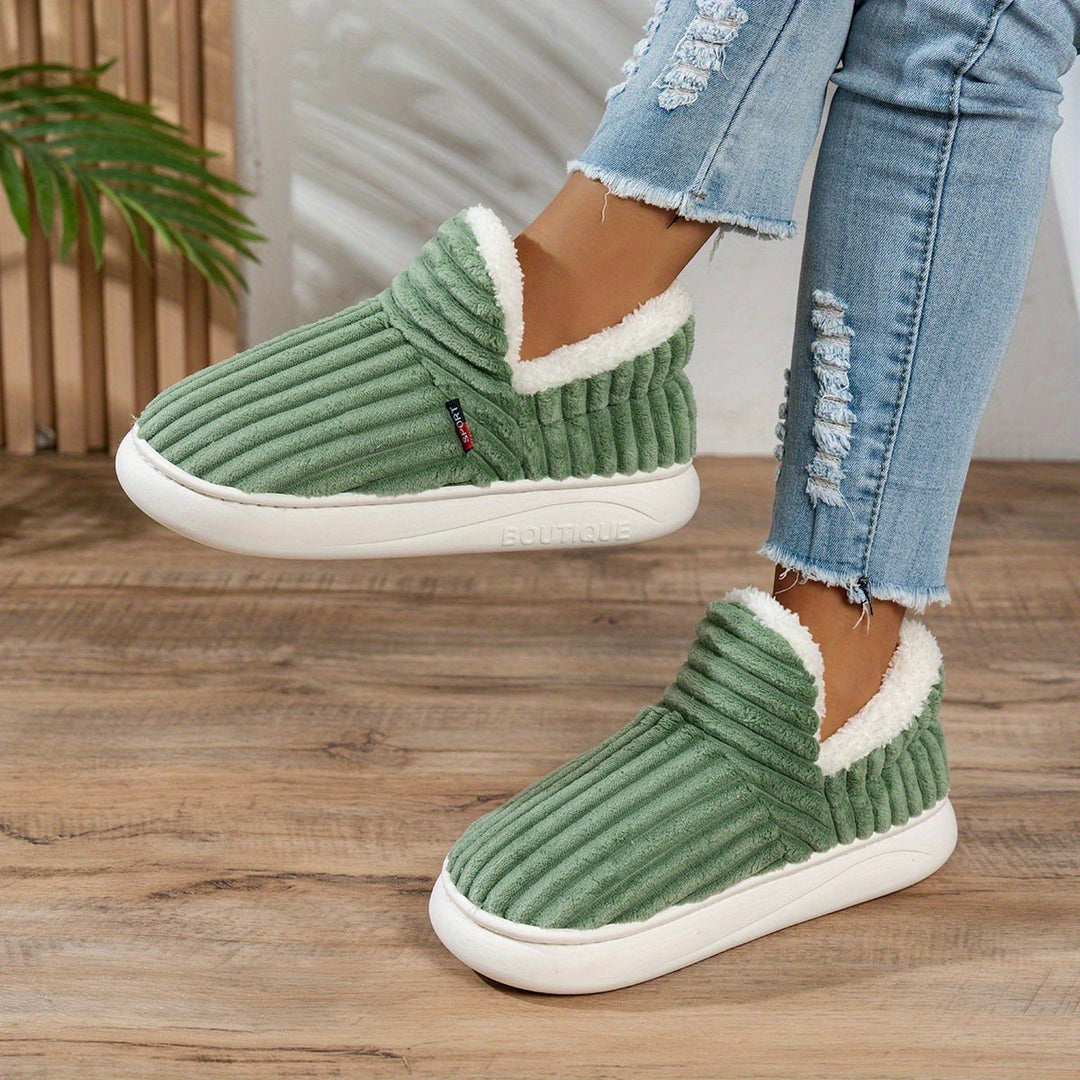 Jana — Warme Hausschuhe für Damen aus Cord mit Plüsch und fester Sohle, Das Modehaus Luzern