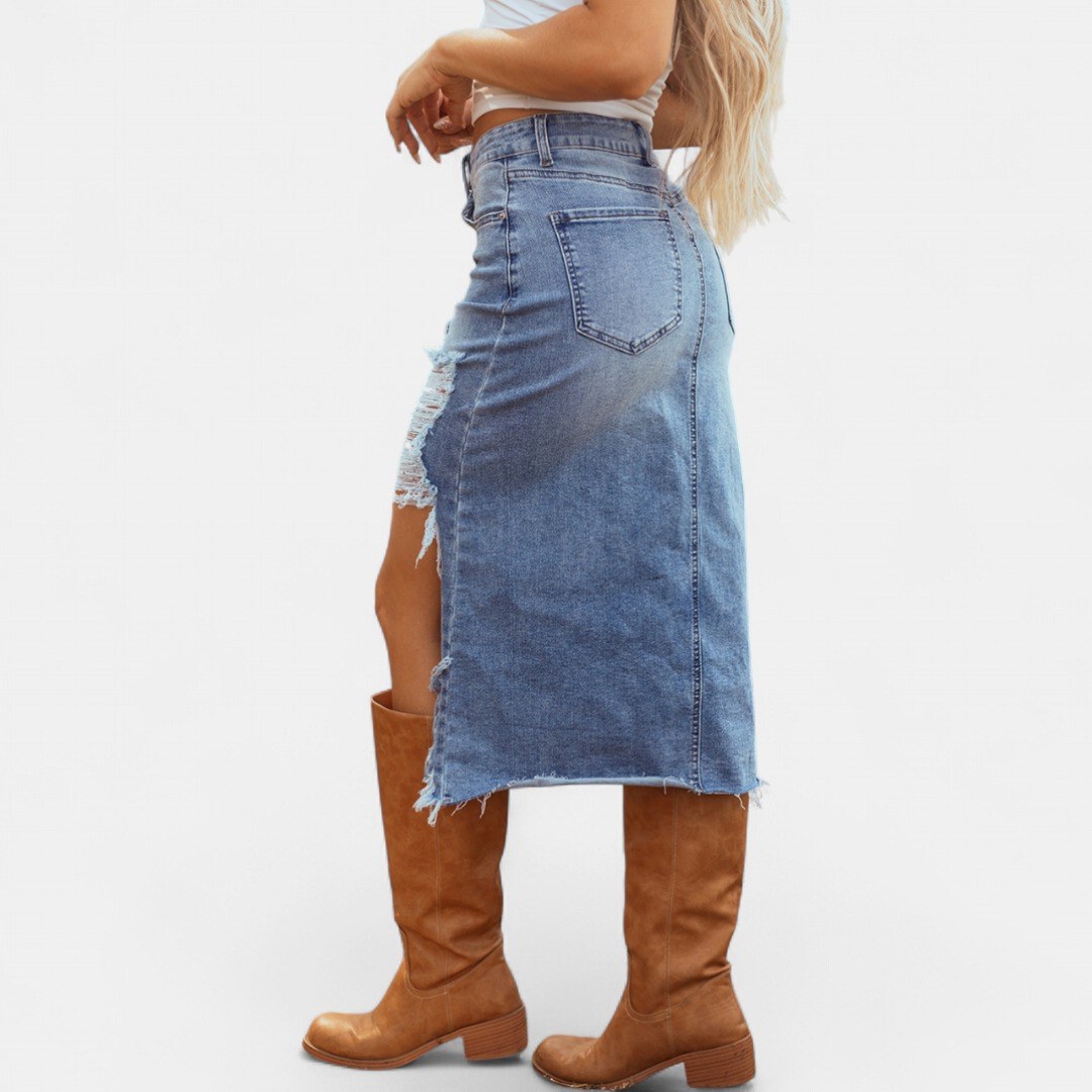 Jasmin — Eleganter langer Jeansrock für Damen mit hoher Taille, Das Modehaus Luzern