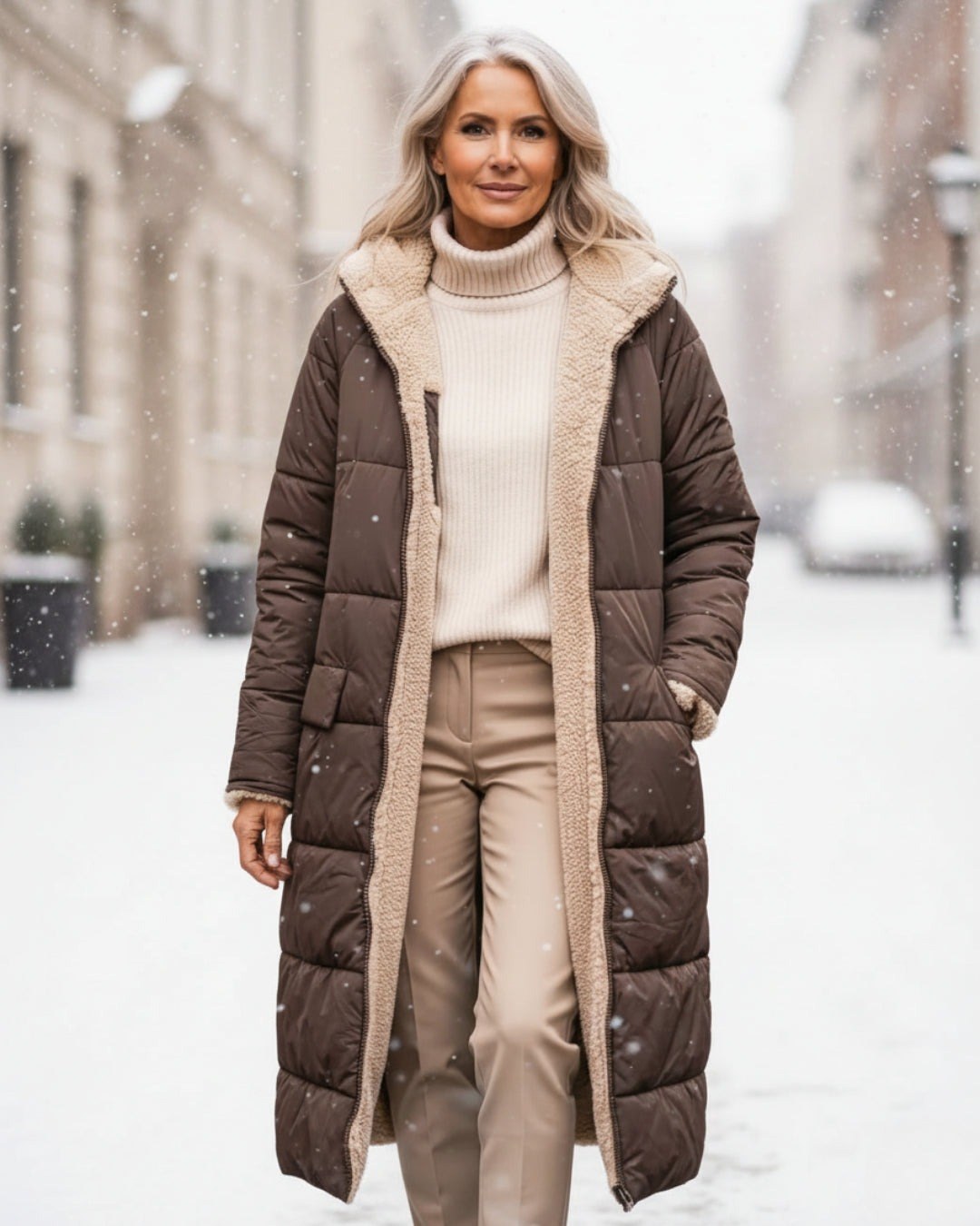 Julia — Warmer langer Daunenmantel für Damen mit Kapuze und Fleecefutter, Das Modehaus Luzern