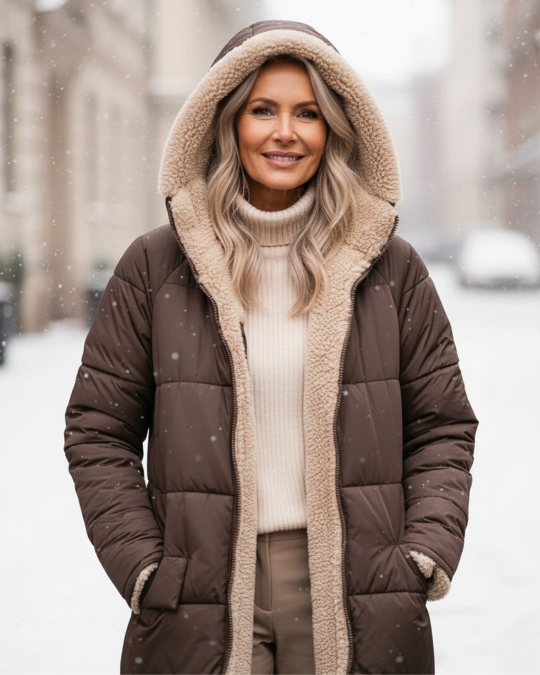 Julia — Warmer langer Daunenmantel für Damen mit Kapuze und Fleecefutter, Das Modehaus Luzern