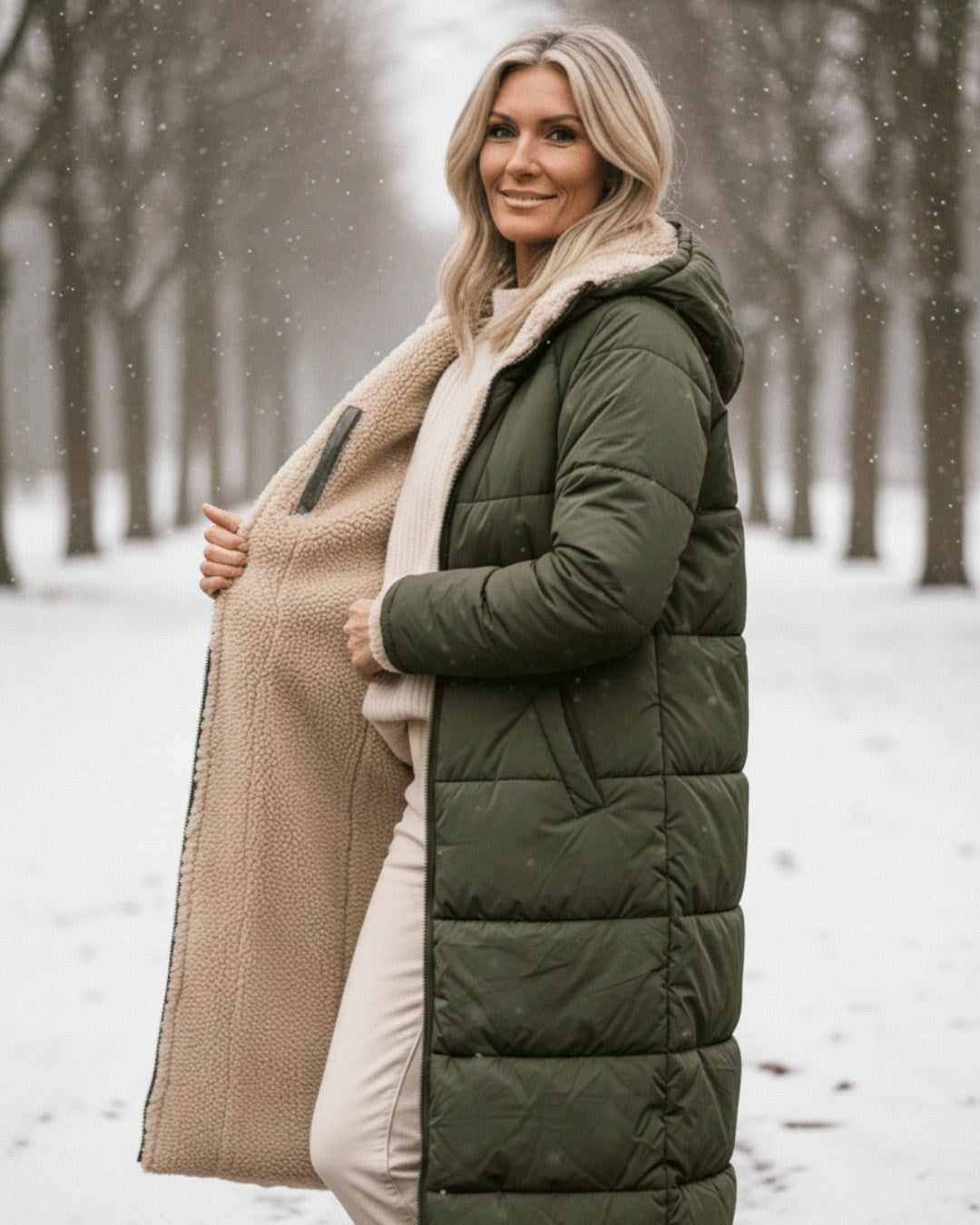 Julia — Warmer langer Daunenmantel für Damen mit Kapuze und Fleecefutter, Das Modehaus Luzern