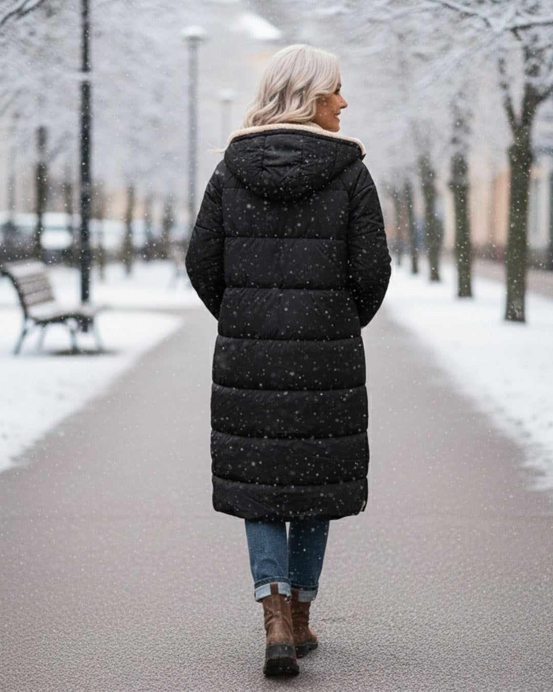 Julia — Warmer langer Daunenmantel für Damen mit Kapuze und Fleecefutter, Das Modehaus Luzern