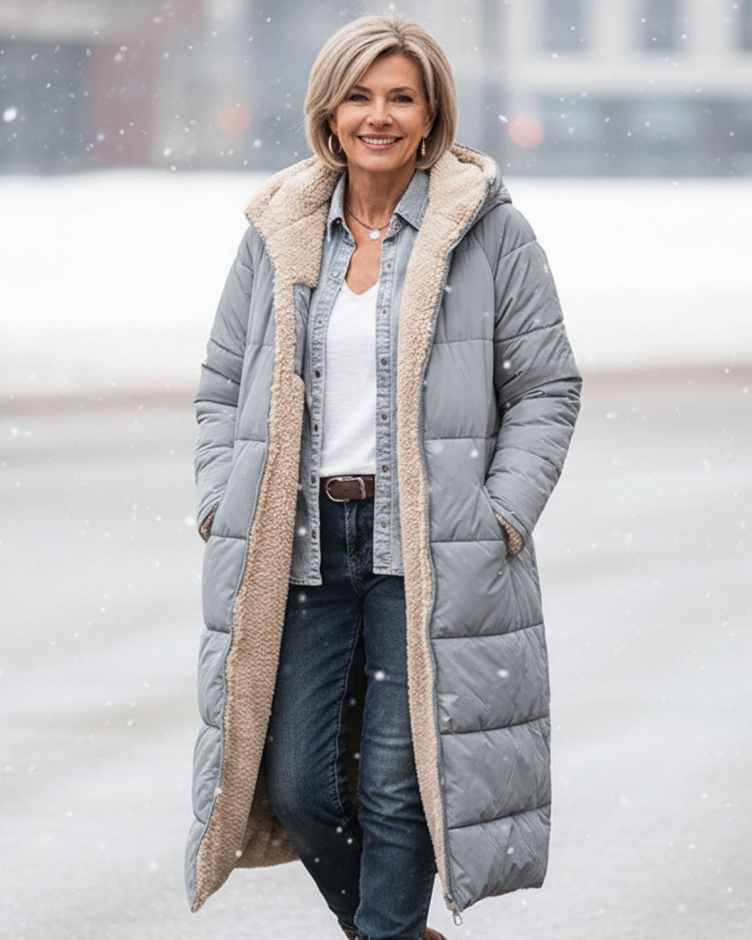 Julia — Warmer langer Daunenmantel für Damen mit Kapuze und Fleecefutter, Das Modehaus Luzern
