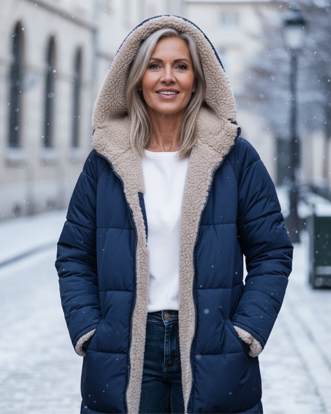 Julia — Warmer langer Daunenmantel für Damen mit Kapuze und Fleecefutter, Das Modehaus Luzern