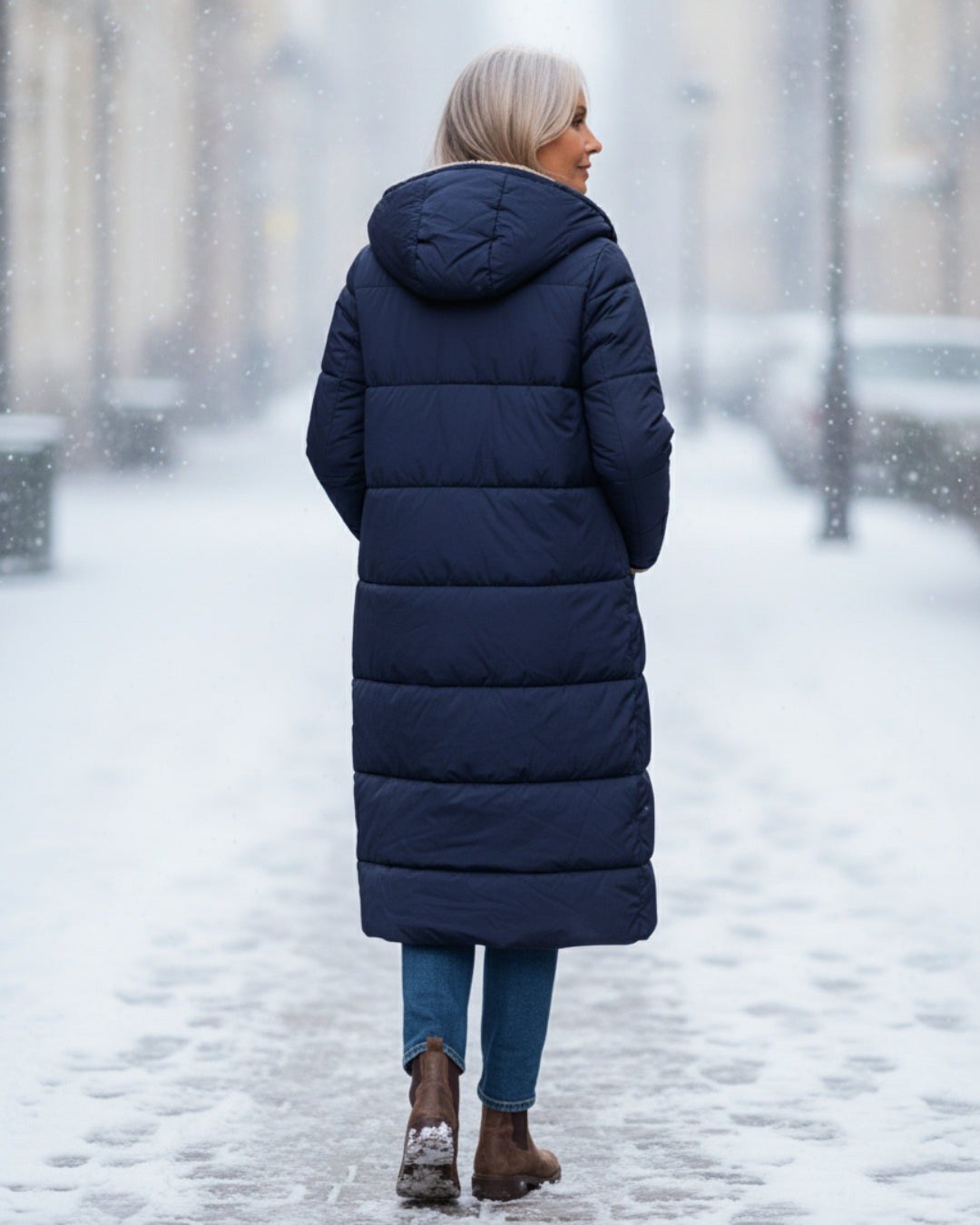 Julia — Warmer langer Daunenmantel für Damen mit Kapuze und Fleecefutter, Das Modehaus Luzern