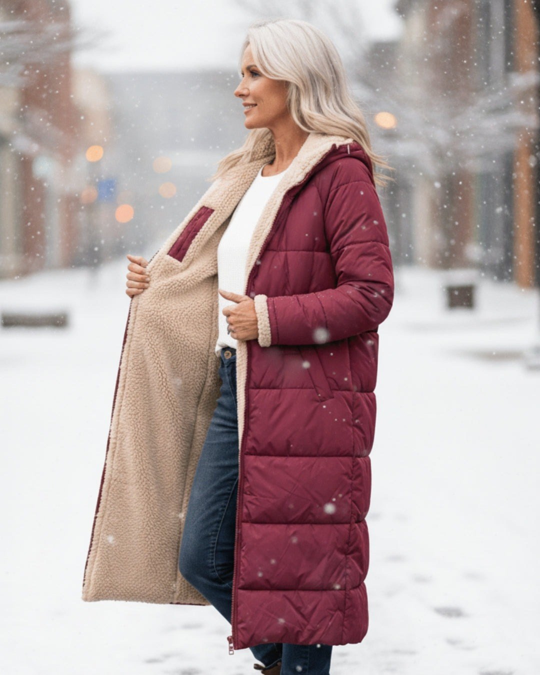 Julia — Warmer langer Daunenmantel für Damen mit Kapuze und Fleecefutter, Das Modehaus Luzern