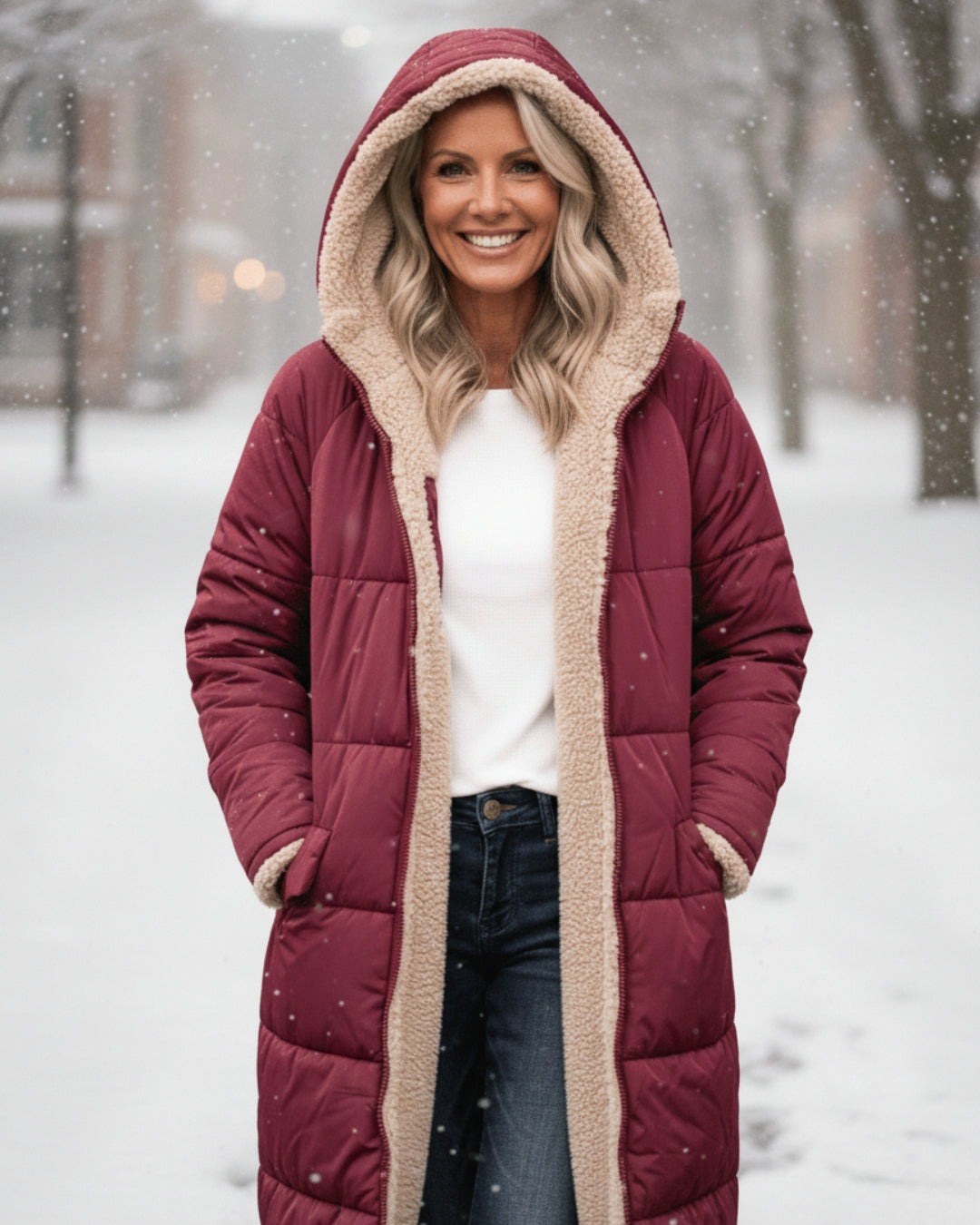 Julia — Warmer langer Daunenmantel für Damen mit Kapuze und Fleecefutter, Das Modehaus Luzern