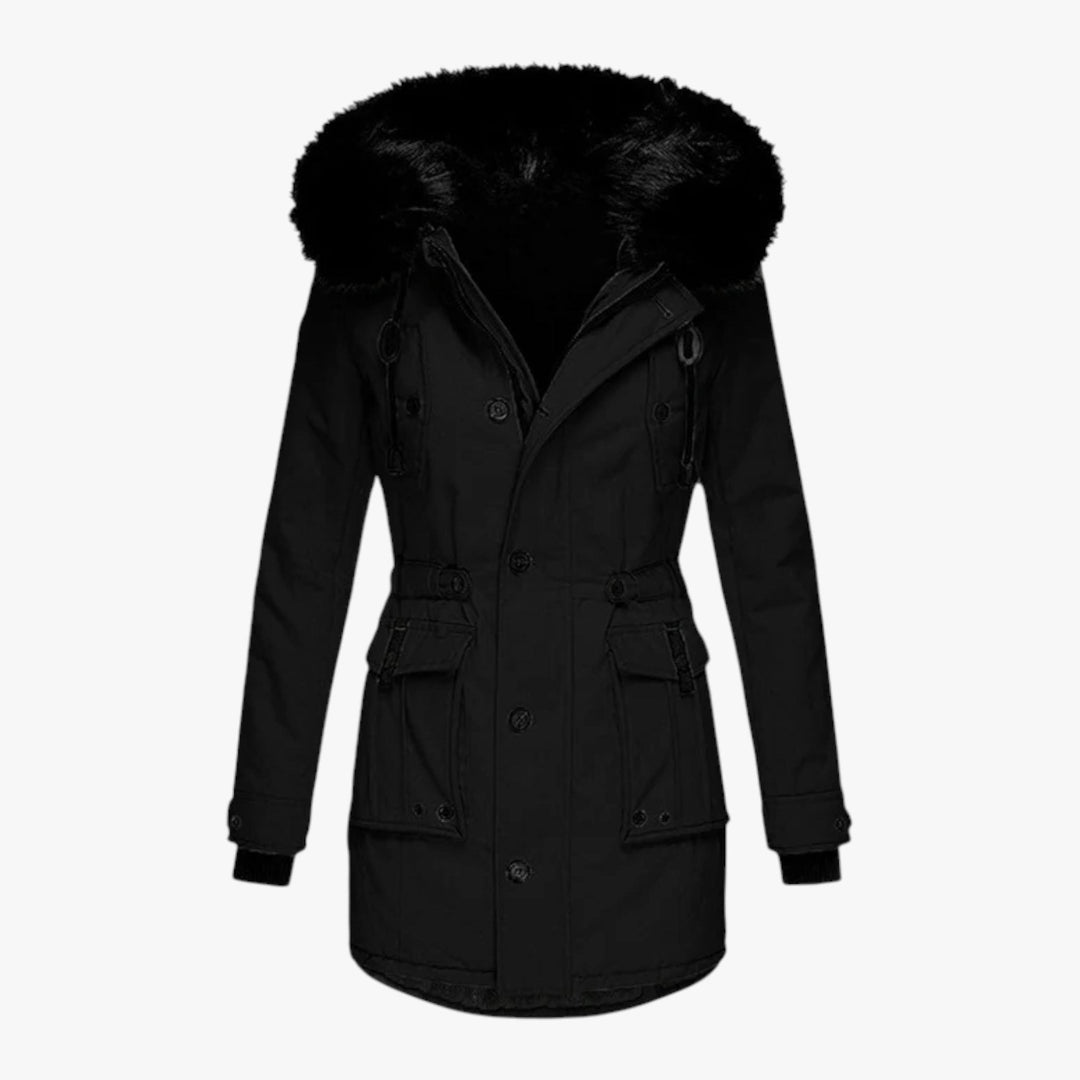Kathrin — Lange gerade wattierte Winterjacke für Damen mit hohem Stehkragen, Das Modehaus Luzern
