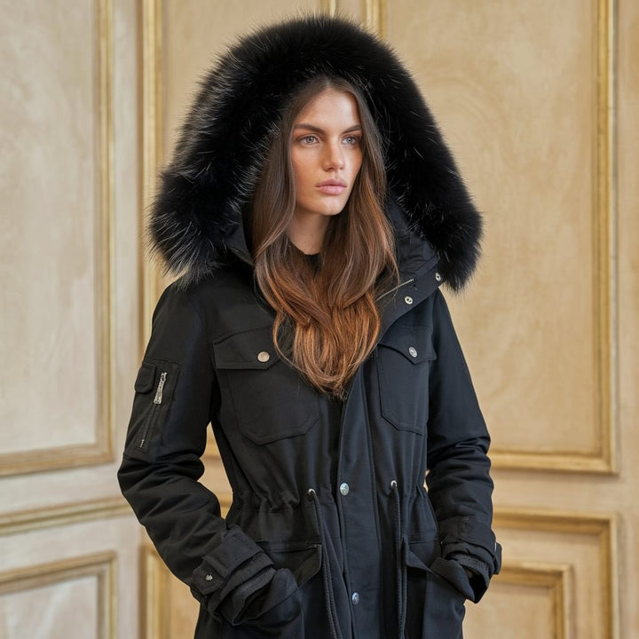 Kathrin — Lange gerade wattierte Winterjacke für Damen mit hohem Stehkragen, Das Modehaus Luzern