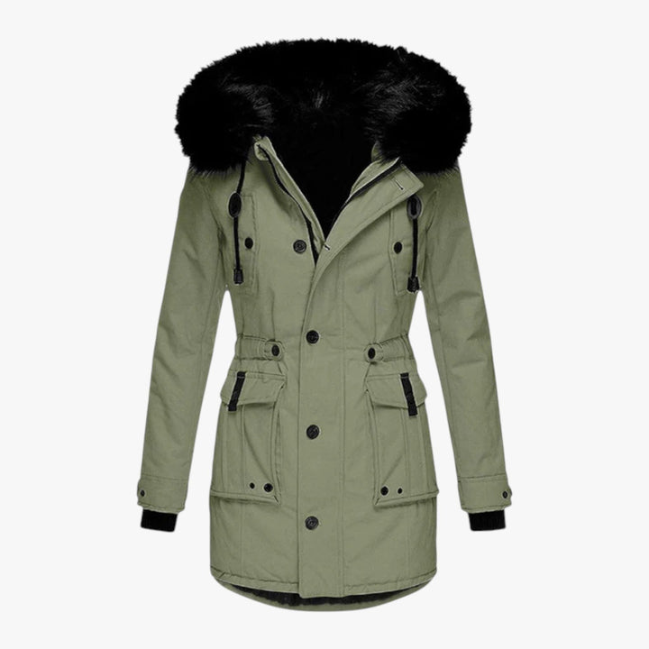 Kathrin — Lange gerade wattierte Winterjacke für Damen mit hohem Stehkragen, Das Modehaus Luzern