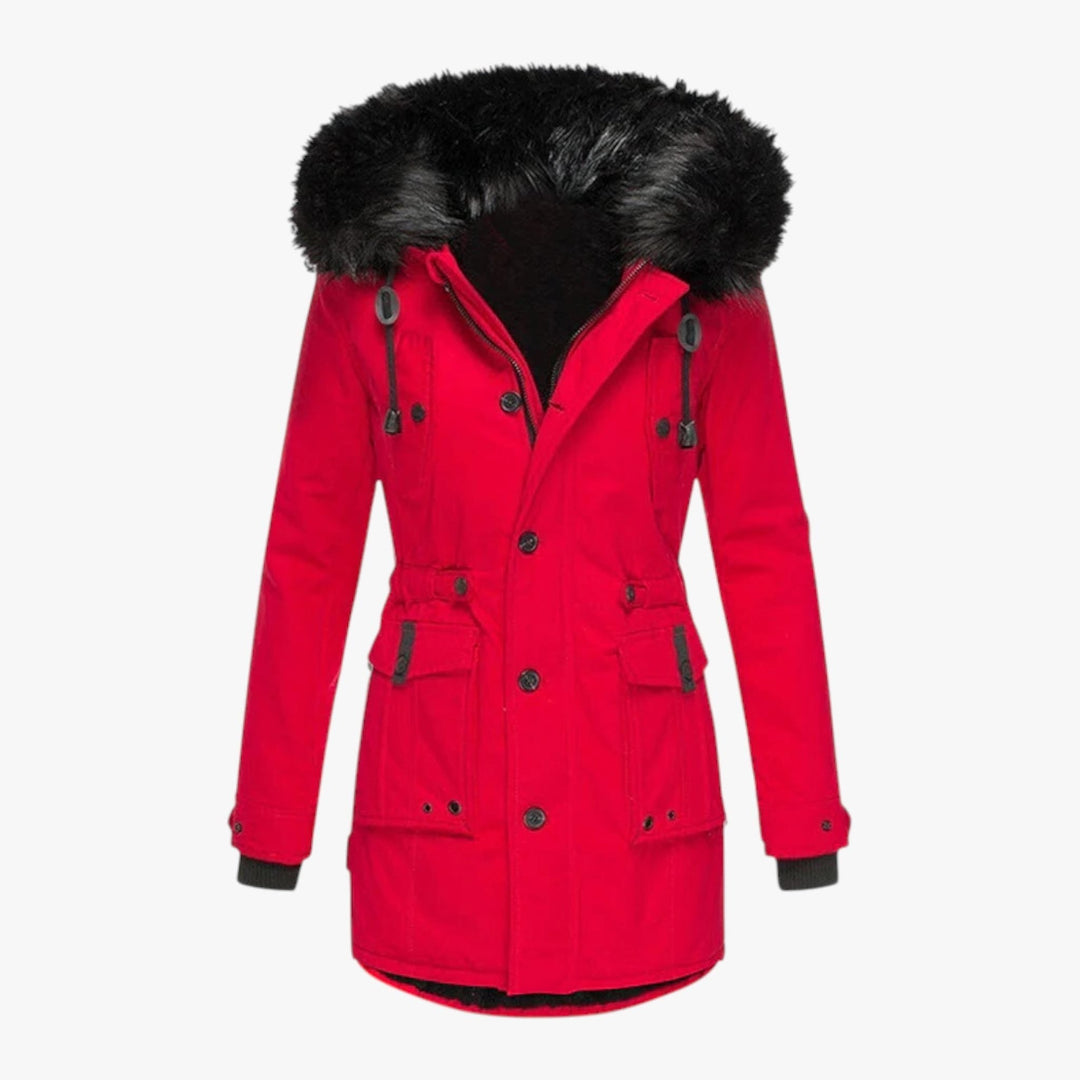Kathrin — Lange gerade wattierte Winterjacke für Damen mit hohem Stehkragen, Das Modehaus Luzern
