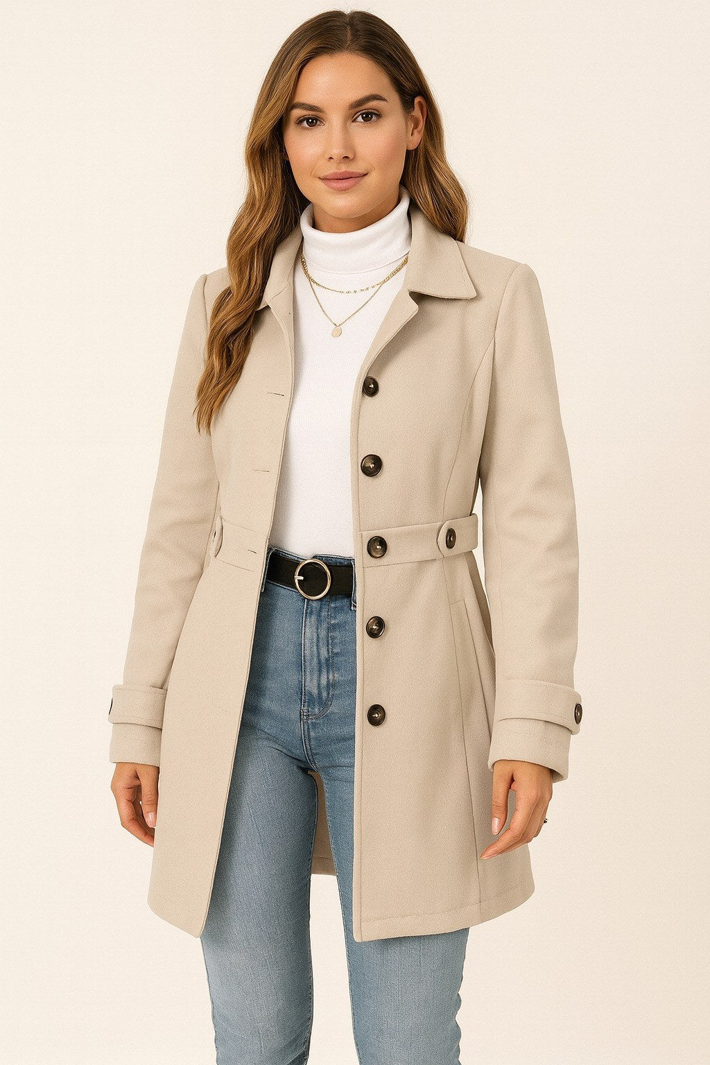 Marion — Kurzer taillierter Mantel für Damen mit Gürtel und Knopfleiste, Das Modehaus Luzern