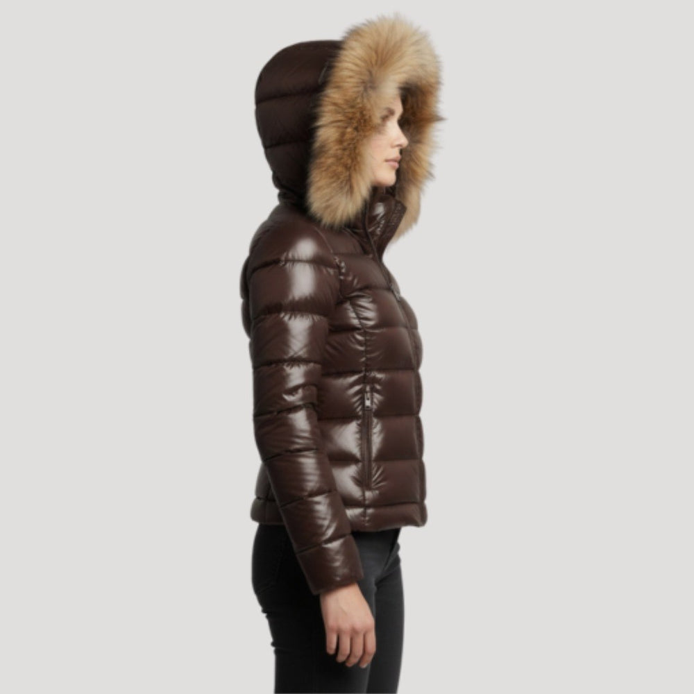 Valentina — Glänzende wattierte Winterjacke für Damen mit Kunstfell-Kapuze, Das Modehaus Luzern