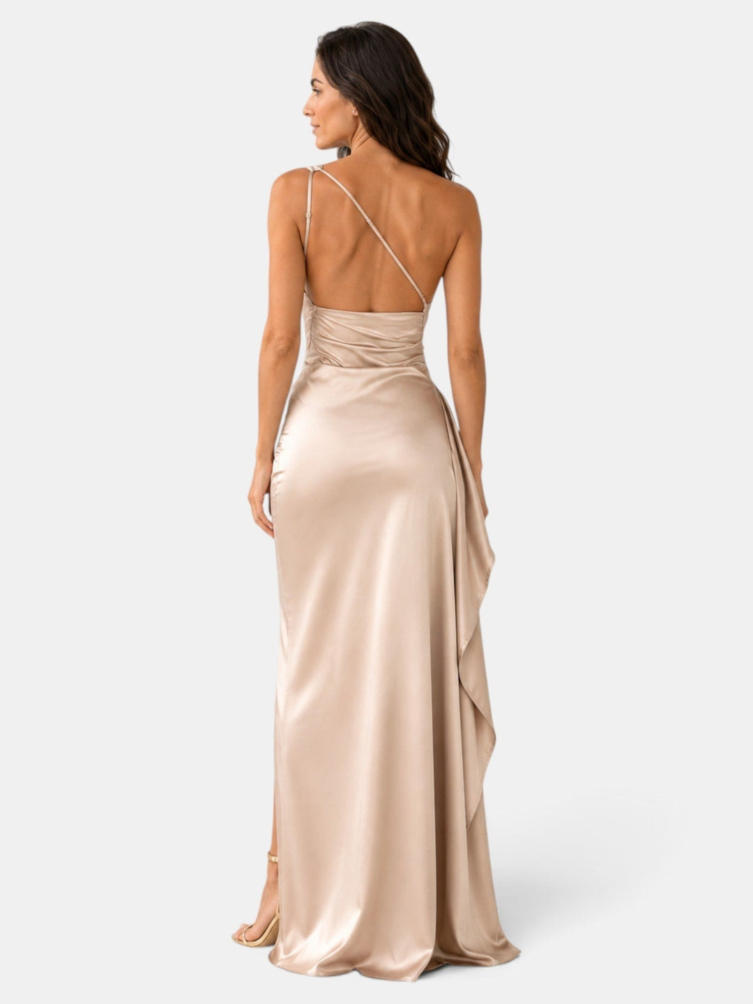 Viviane — Festliches langes Satinkleid für Damen mit Schlitz und Volant, Das Modehaus Luzern