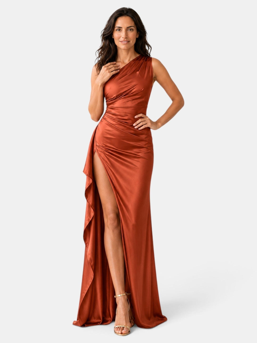 Viviane — Festliches langes Satinkleid für Damen mit Schlitz und Volant, Das Modehaus Luzern