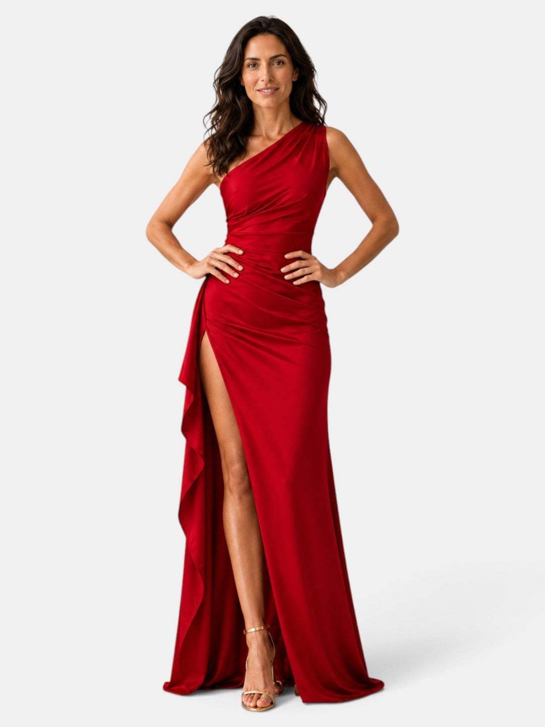 Viviane — Festliches langes Satinkleid für Damen mit Schlitz und Volant, Das Modehaus Luzern